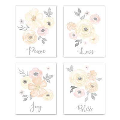 4pc 8"x10" Watercolor Floral Art Prints Yellow/Pink - Sweet Jojo Designs