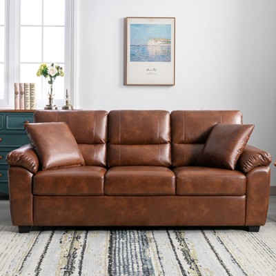 83" Faux Leather Sofa Mid-Century Modern Couch with Pillows and Cushion Armrest -Morden Fort