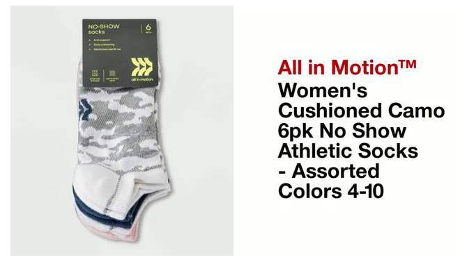 Women&#39;s Cushioned Camo Print 6pk No Show Athletic Socks - All In Motion&#8482; Assorted Colors 4-10, 2 of 7, play video