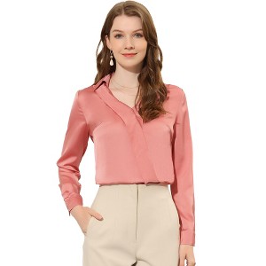 INSPIRE CHIC Women's Satin Office Blouse Elegant Point Collar V Neck Long Sleeve Work Top Shirts - 1 of 4