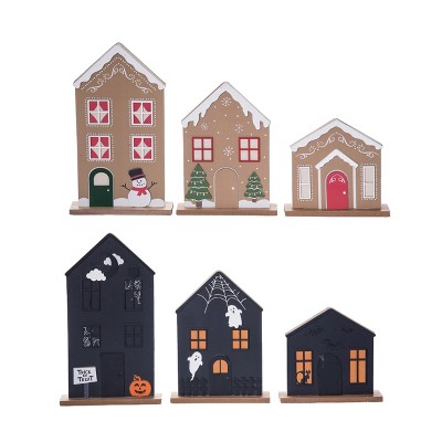 Transpac MDF Reversible Holiday House Set of 3 Freestanding Christmas Signs for Festive Home Decor