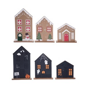 Transpac MDF Reversible Holiday House Set of 3 Freestanding Christmas Signs for Festive Home Decor - 1 of 4
