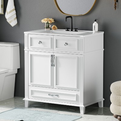 FAMYYT 30 in. Single Sink Freestanding White Bath Vanity with White Ceramic Top, 2-Soft Closing Doors, Drawer