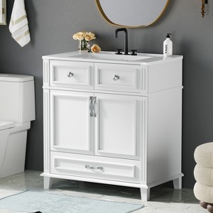 FAMYYT 30 in. Single Sink Freestanding White Bath Vanity with White Ceramic Top, 2-Soft Closing Doors, Drawer - 1 of 4