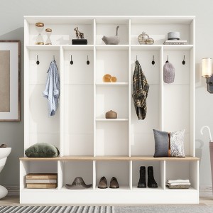 Whisen Freestanding Hall Tree with Shoe Bench, Storage Shelves and 3 Hanging Hooks - 1 of 4
