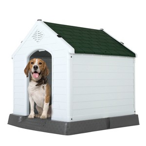 FDW 28/32/39 Inch Spacious Plastic Dog House Dog Kennel with Ventilated Roof Removable Tray - 1 of 4