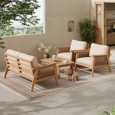 Chic Crate-Rustic Acacia Wood & Rope Sectional Sofa Set - 4-Piece Patio Furniture with Water-Resistant Cushions, UV Protection