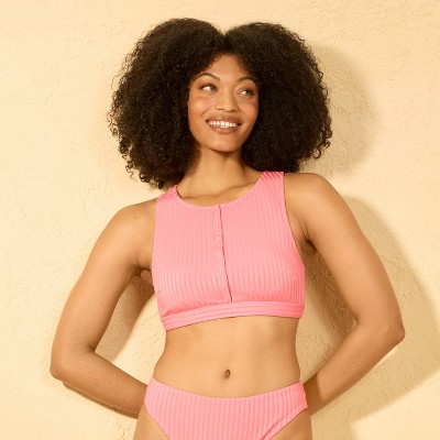 Women's Ribbed Snap Front High Neck Bikini Top - Shade & Shore™ Black