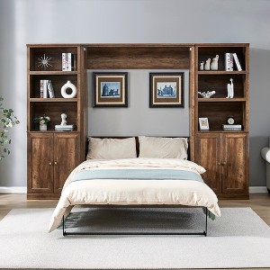 Full Size Half Self-Close and Open Murphy Bed Cabinet with Side Cabinet Bookshelf, Brown - ModernLuxe - 1 of 4