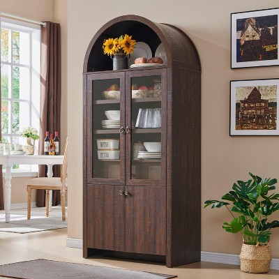 71″ Tall Arched Pantry Cabinet with 4 Doors & Adjustable Shelves & Hidden Drawer, Modern Farmhouse kitchen Storage Cabinet