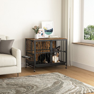 Dog House with Rremovable Ttray, Double-Door Dog House, lift Panel, 360 Degree Rotation -3 Height Adjustable Feeding Bowls