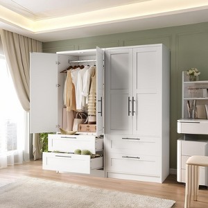 Wooden Armoire Wardrobe Closet with 2 Drawers, 70 "Tall Clothing Storage Cabinet with 2 Doors, Modern Bedroom Clothing Armoires with Hanging Rods - 1 of 4