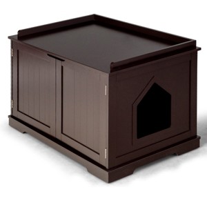 Tangkula Cat House Litter Box Pet Cat Washroom Nightstand Cat Storage Bench Coffee/Black - 1 of 4