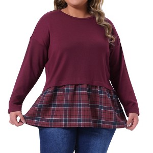 Women's Plus Size Patchwork Plaid Contrast Hem Crew Neck Long Sleeve Casual Fall Peplum Blouse - Agnes Orinda - 1 of 4