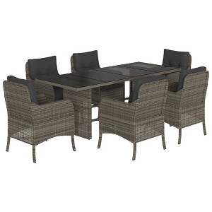 vidaXL 7 Piece Patio Dining Set – Outdoor Gray PE Rattan Furniture with Cushions and Tempered Glass Table for Garden, Backyard, and Patio - 1 of 4