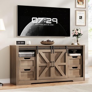 66" Farmhouse TV Stand for Up to 70 Inch TV, 32" Tall Entertainment Center with 4 Drawers & 2 Sliding Barn Doors - 1 of 4