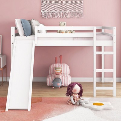 NicBex Full Size Loft Bed Pine Bed Frame with Slide, Ladder and Full Length Guardrail, No Box Spring Required