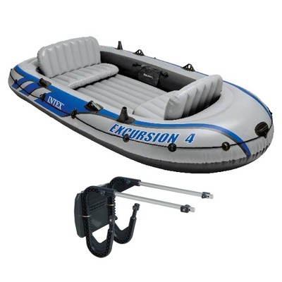 Intex Excursion 4 Inflatable 4 Person Fishing Boat Raft Set with Motor Mount Kit for Rivers and  Lakes (Motor Not Included)