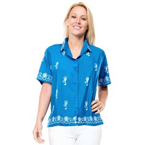 LA LEELA Women's Casual Blouse Shirt Solid Blouses Short Sleeve Button Down Dress Tops Tee Hawaiian Shirts for Women - 1 of 4