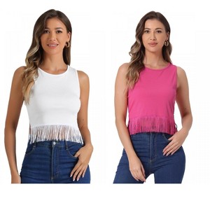 INSPIRE CHIC Women's Ribbed Knit Crew Neck Sleeveless Crop Tassel Trim Tank Tops 2 Packs - 1 of 4