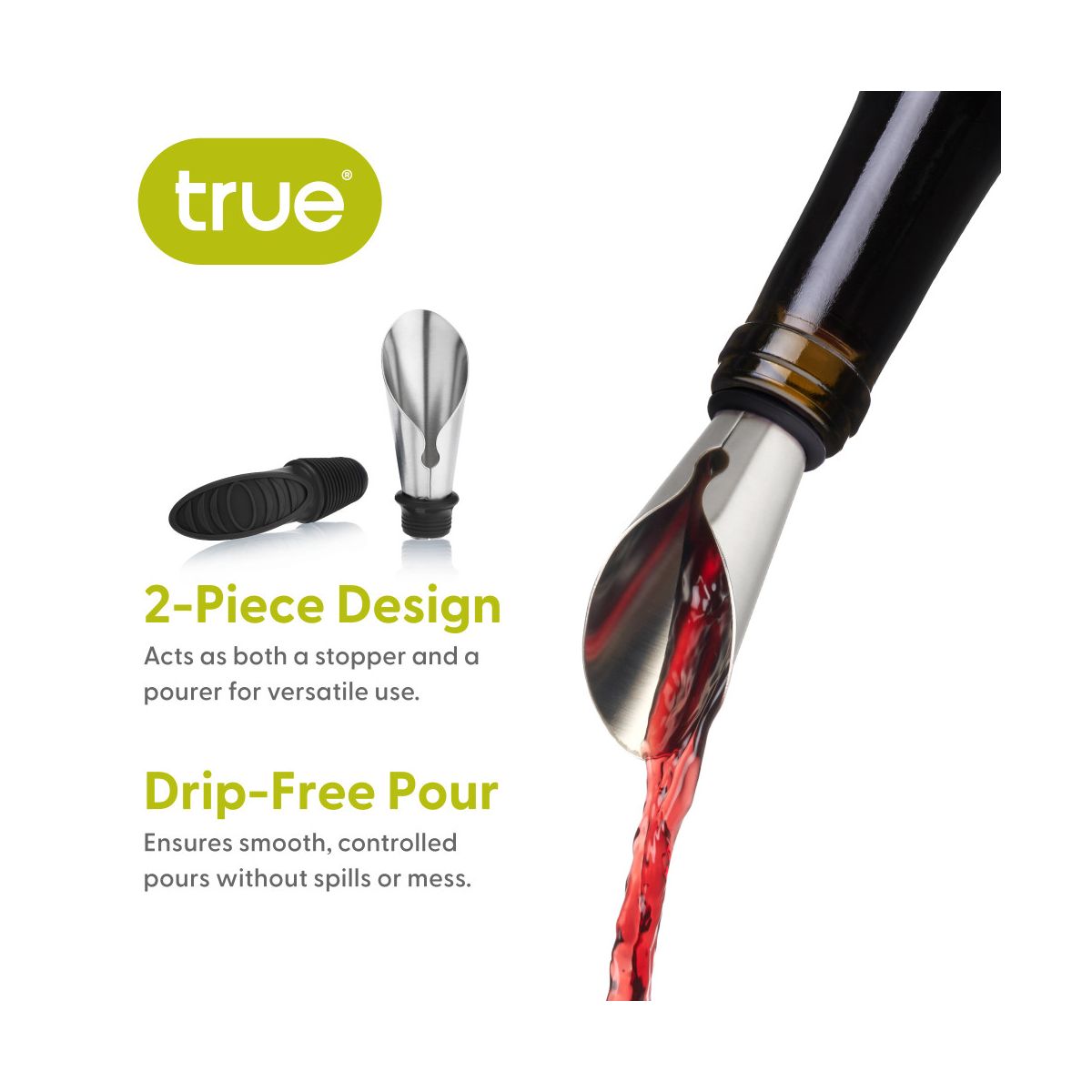 True Duo Black Bottle Stopper and Pourer, Drip-Free Silicone & Stainless Steel Pour Spout for Standard Wine Bottles, Wedding, Home Bar Gifts, Set of 1 - thumbnail 4