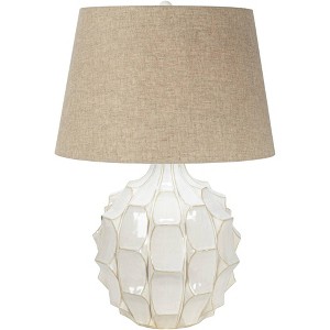 Possini Euro Design Mid-Century Modern Table Lamp with USB Charging Port 26.5" High White Ceramic Brown Linen Drum Shade Living Room Bedroom - 1 of 4