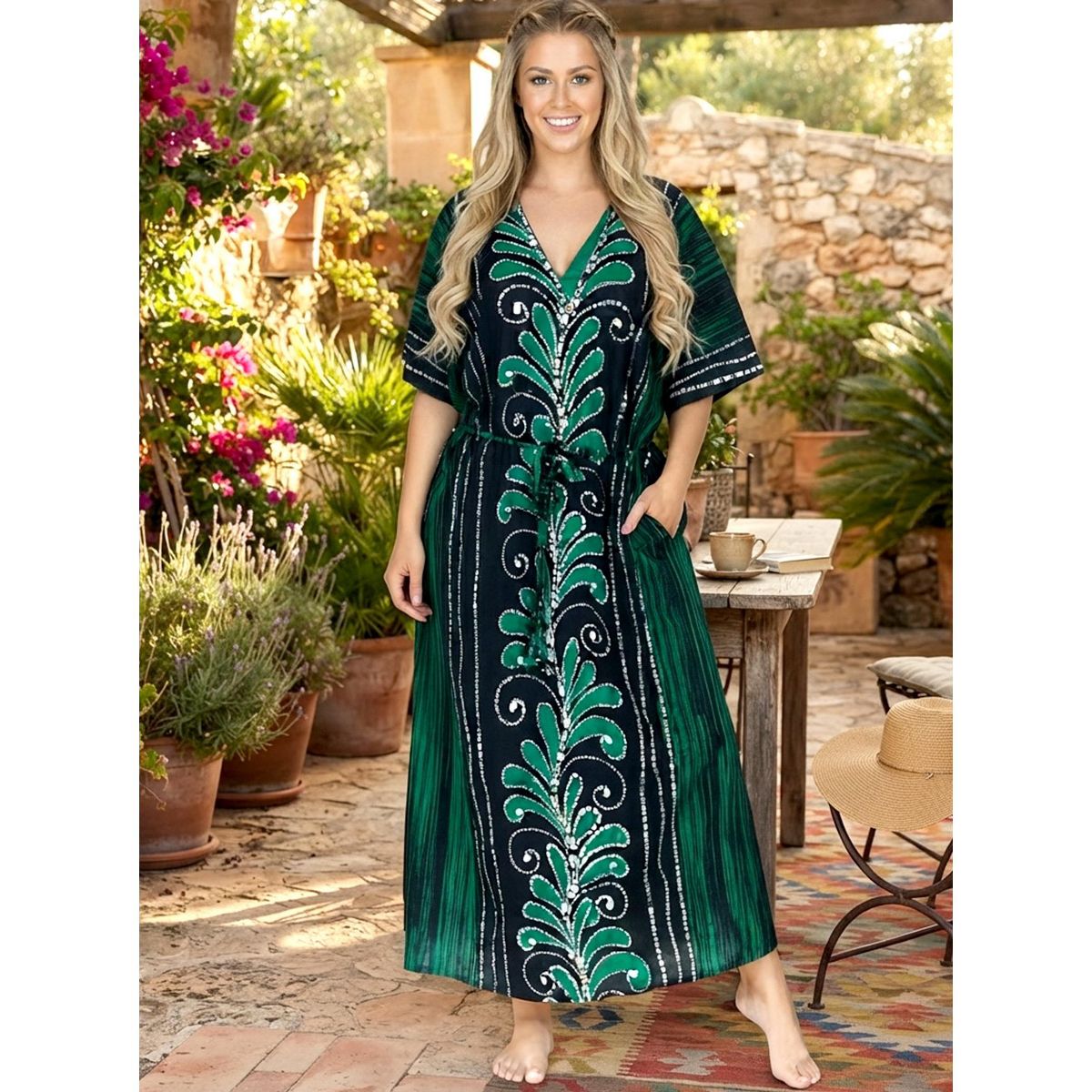 LA LEELA Summer Cotton Women Beach Resortwear Caftan Vacation Cruise Holiday Loungewear Maxi Travel Dress 2X-3X Green Paisley - thumbnail 4