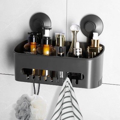 LunaLulinlk Strong Heavy Duty Shower Suction Cup Holder Storage Basket - No Drilling Required with Hook, Dark Grey