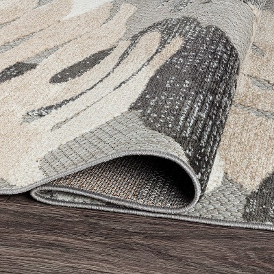 Gray Floral Palm Leaves Synthetic Indoor/Outdoor Runner Rug 2' x 7'