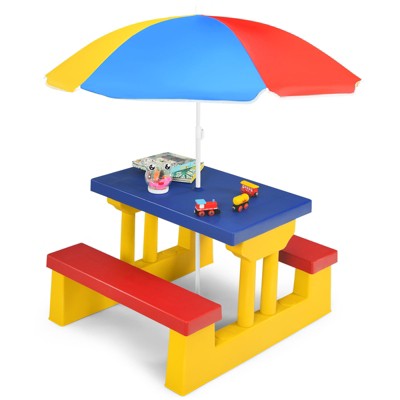 Tangkula Kids Picnic Table Set Indoor Outdoor Toddler Table with Bench & Removable Umbrella Portable Children Play Set