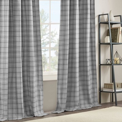 Gray Plaid Faux Leather Tab Top Insulated Drapes