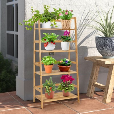 Natural Bamboo 4-Tier Ladder Bookshelf and Plant Stand