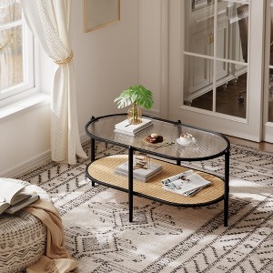 37" Rattan Coffee Table, 2 Tier Wooden Oval Center Table with Tempered Glass Top, Accent Cocktail Tea Table for Living Room Bedroom Office - 1 of 4