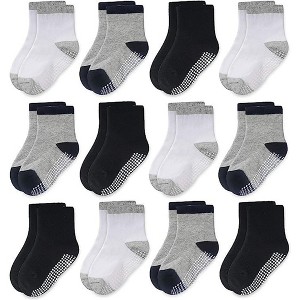 Cozyway Non-Slip Crew Grip Toddler Socks, 12 Pack for Boys, Black/White/Gray with Black or Gray Heel, 1-3 Years Old, Unisex - 1 of 4