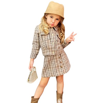 Girls Bold Ambition Plaid Collared Jacket & Skirt Set - Mia Belle Girls ...