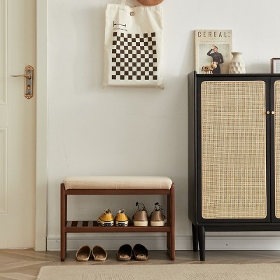 23" Shoe Storage Bench with Cushioned Seating, Solid Wood Bench with Storage Rack Organizer for Small Spaces-Baofuwish