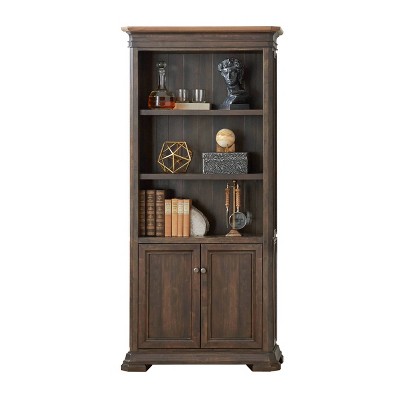 78" Brown Wood Bookcase with Doors and Adjustable Shelves