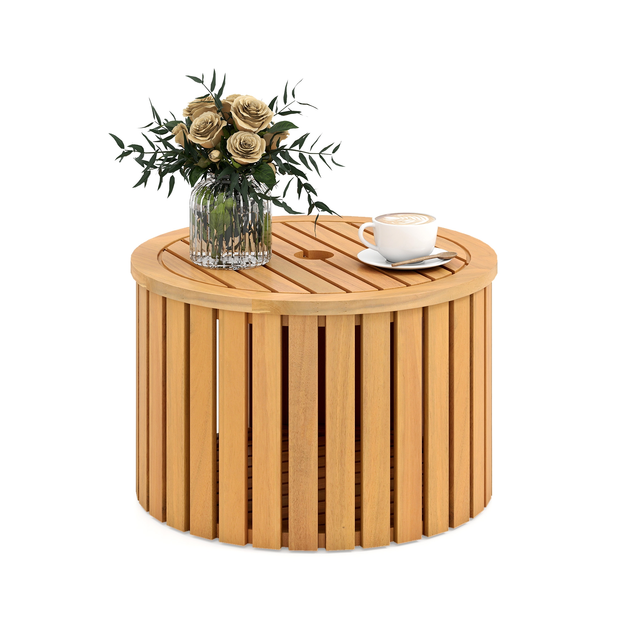 Costway 2-in-1 Outdoor Side Table w/Storage Umbrella Hole & Removable Base for Backyard
