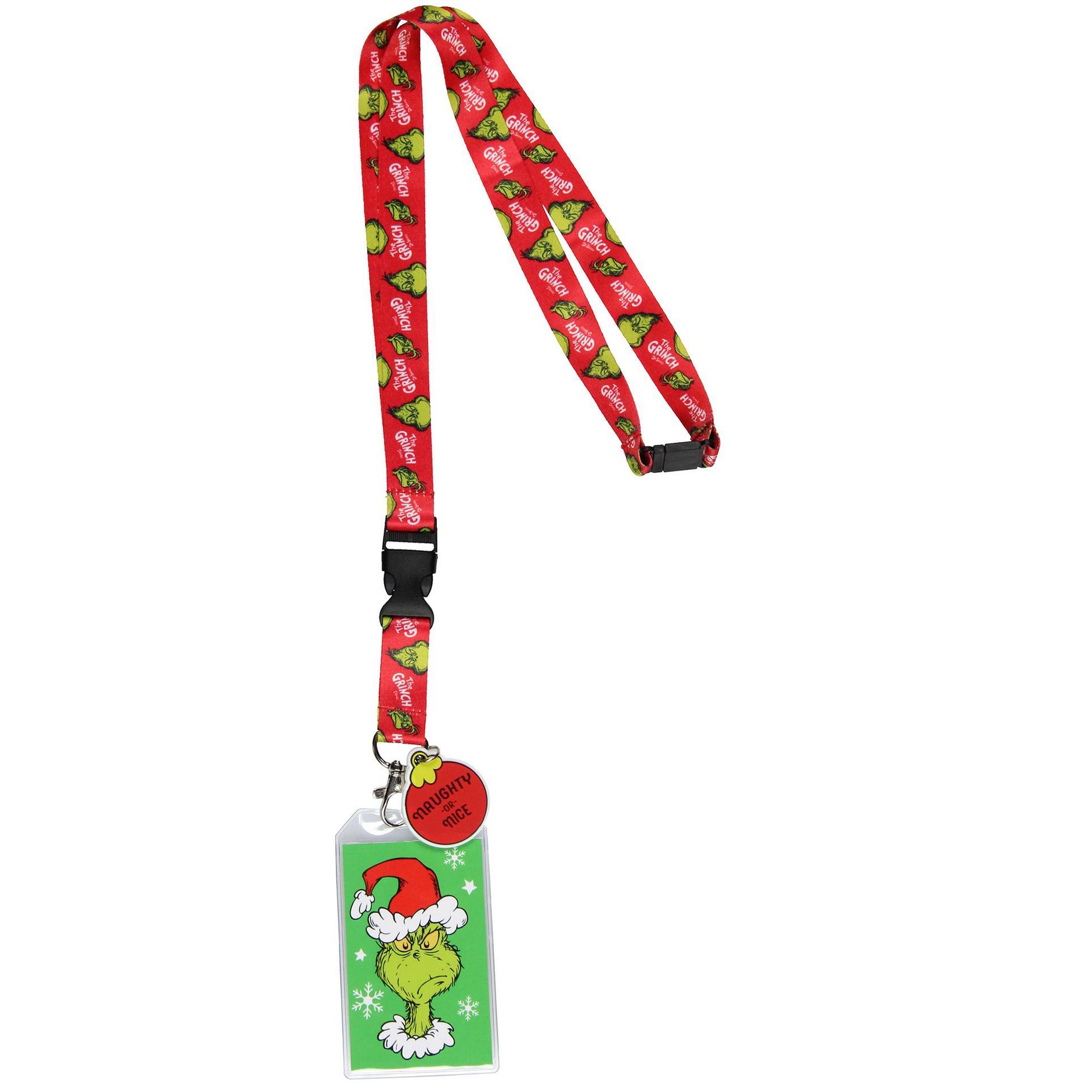 The Grinch Lanyard Badge Holder With Grinch Card and 2" Naughty Or Nice Rubber Ornament Pendant Red