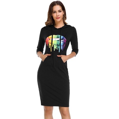 Women's Casual Midi Dress Pullover Hoodie Knee Length Slim Dress with Pocket