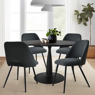 Haven+Edwin 5-Piece Black Round-Shaped Dining Table Set for 4., 4 Upholstered Bouclé Fabric Dining Room Chair with Black Legs-Maison Boucle