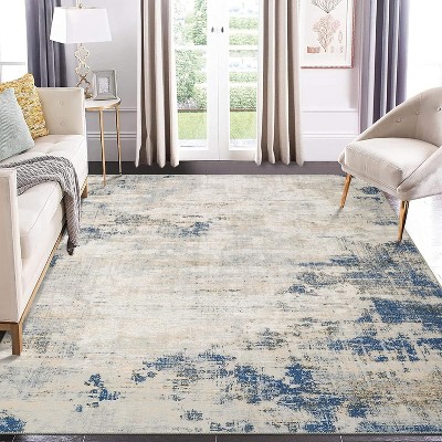 Washable Area Rugs for Living Room Bedroom, Vintage Non Slip Low Pile Soft Floral Indoor Floor Carpet Cover for Dining Room Kitchen Beige/Blue
