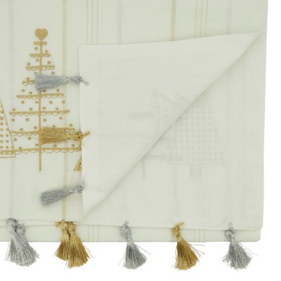 White Cotton Christmas Tree Table Runner with Gold Tassels