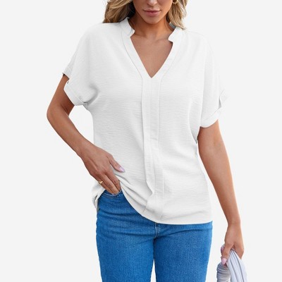 Amaryllis Women’s Textured Short Sleeve V Neck Blouse with Cuffed Sleeves Relaxed Fit Pull-On Style