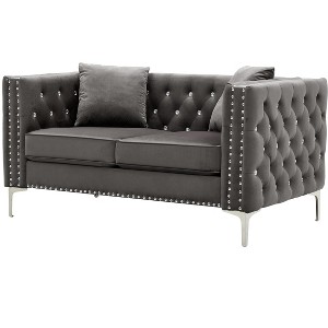 VYNXARIA 59.4 Inch Wide Grey Velvet Sofa with Jeweled buttons,Square Arm ,2 Pillow - 1 of 4