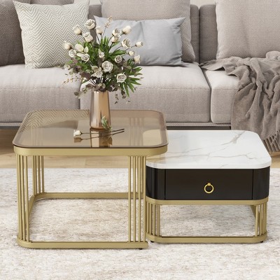 Mayeerty Set of 2, Nesting Coffee Table with Drawer, Square Stacking Coffee Tables with Tempered Glass, with Marble Grain Tabletop, Black