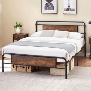 Homhougo Quee Size Platform Bed Frame with Rustic Vintage Wood Headboard, Mattress Foundation, Strong Metal Slats Support, No Box Spring Needed - 1 of 4