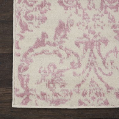 Ivory and Pink Synthetic Runner Rug with Damask Design