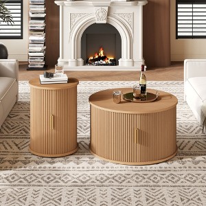 KTMBDW Round Coffee Table Set of 2,Mid Century Modern Wood Coffee Tables with Sliding Door,Minimalist Center Tables for Living Room - 1 of 4