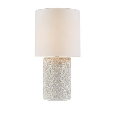 Ink+Ivy Ashbourne Embossed Floral Resin Table Lamp (Includes LED Light Bulb) Ivory : Elegant Nightstand & Decorative Cylinder Shade